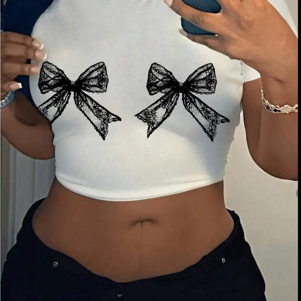 White Crop Top with Black Lace Bow Accents